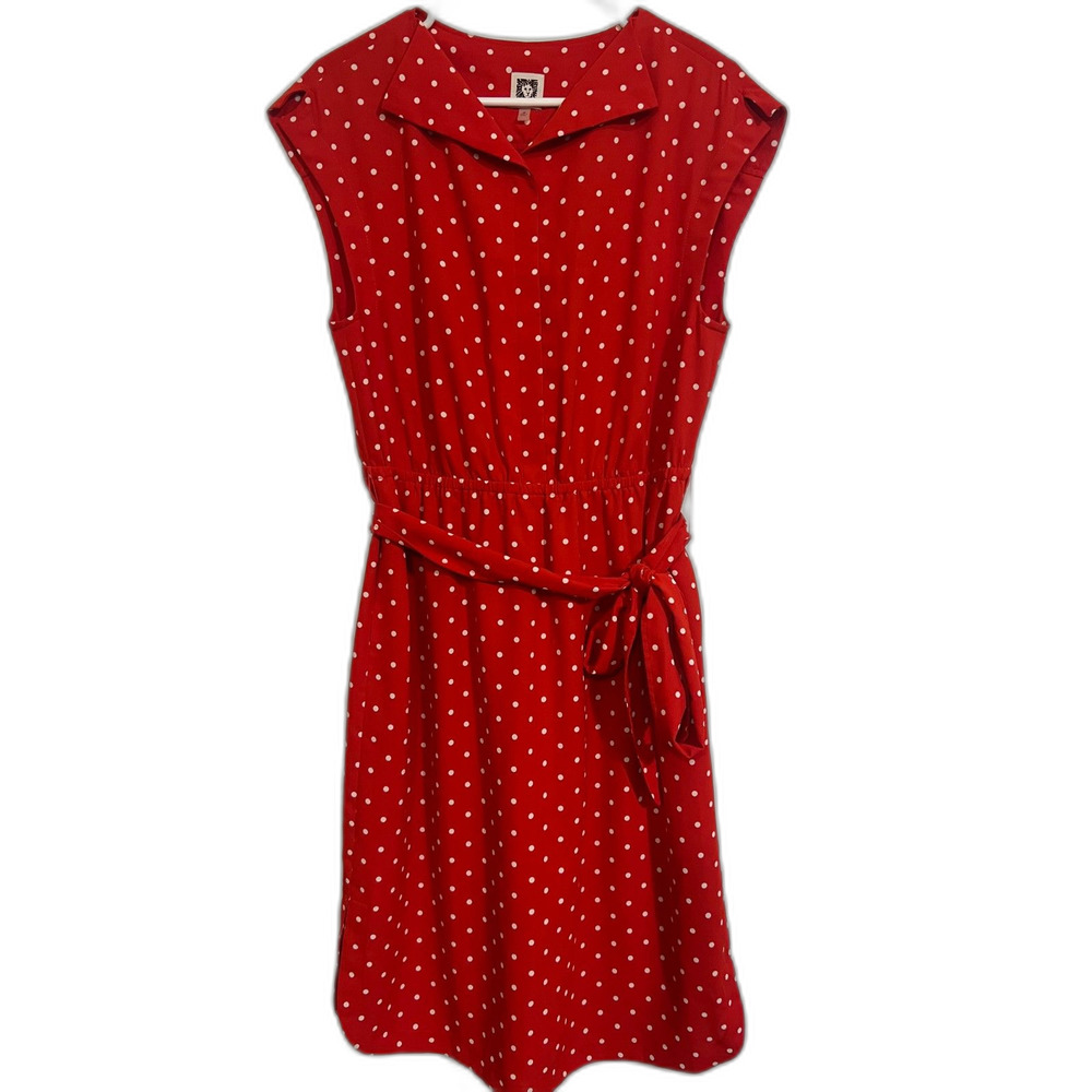 Anne Klein Womens Dress Size Medium Red Polka Dot Sleeveless Midi Pockets Tie